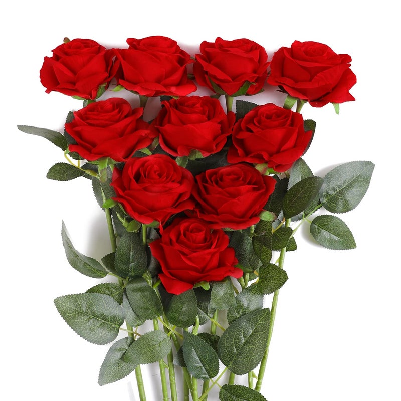 JUSTOYOU 10Pcs Artificial Roses Flowers, Realistic Blossom Roses, Real Touch Silk Rose, Single Fake Flower Long Stem Bouquets for Home Wedding Party Decoration - Image 1