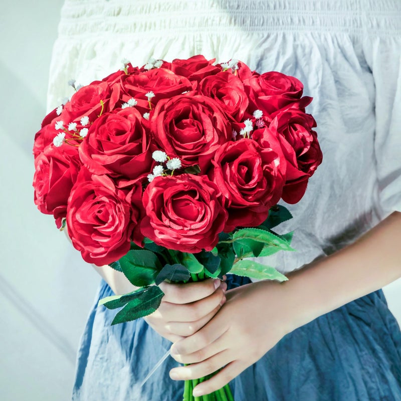 JUSTOYOU 10Pcs Artificial Roses Flowers, Realistic Blossom Roses, Real Touch Silk Rose, Single Fake Flower Long Stem Bouquets for Home Wedding Party Decoration - Image 4