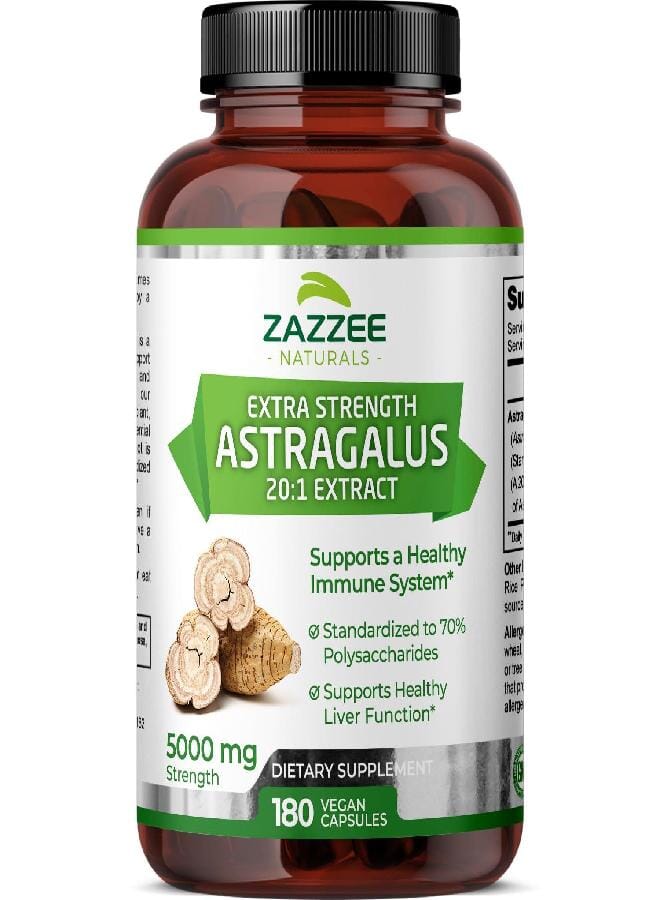 Zazzee Extra Strength Astragalus Root 20:1 Extract, 5000 mg Strength, 70% Polysaccharides, 180 Vegan Capsules, 6 Month Supply, 100% Vegetarian, Standardized and Concentrated 20X Extract, Non-GMO - Image 1