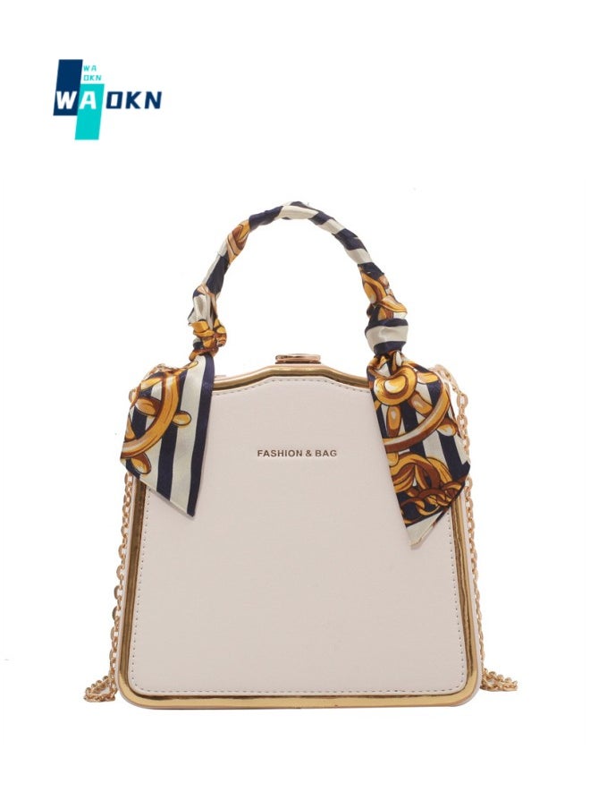 WAOKN - Women's Silk Scarf Embellished Shoulder Bag, Ladies Portable Chain Handle Crossbody Bag Sling Bag Side Bag, Solid PU Leather Tote Bag Handbag Clutch Bag (White) - Image 1