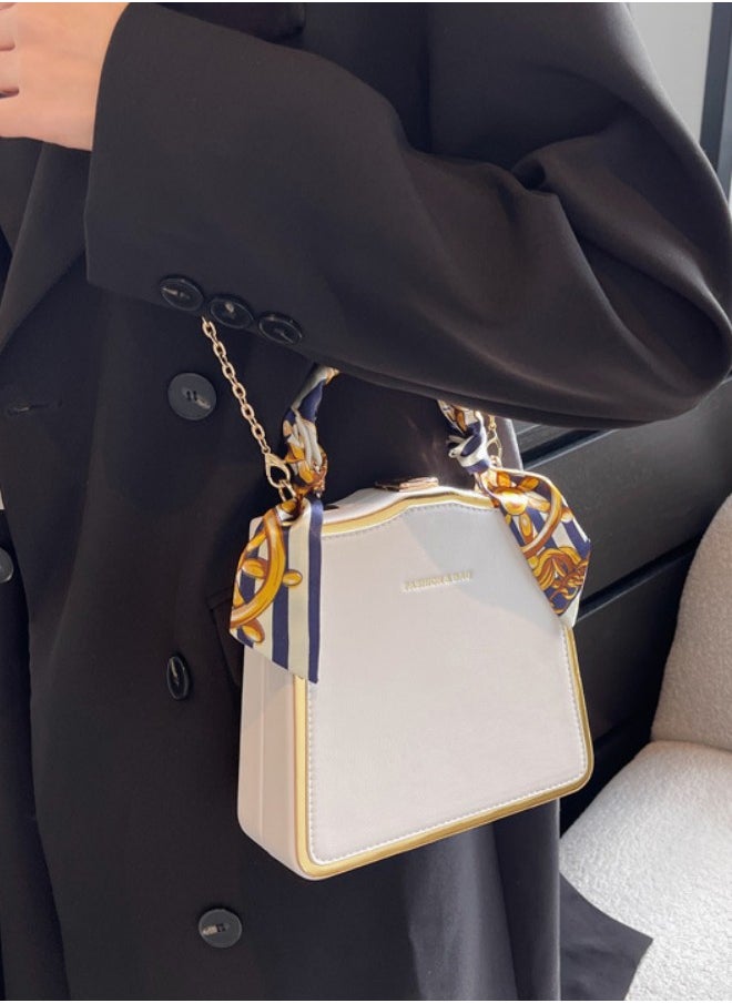 WAOKN - Women's Silk Scarf Embellished Shoulder Bag, Ladies Portable Chain Handle Crossbody Bag Sling Bag Side Bag, Solid PU Leather Tote Bag Handbag Clutch Bag (White) - Image 1