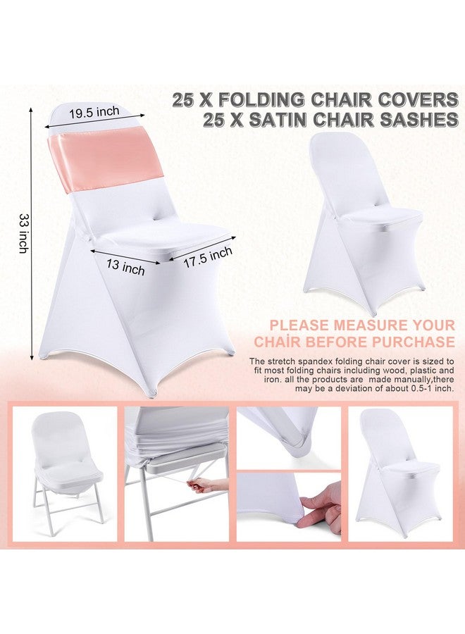 Lounsweer Lounsweer 50 Pcs Folding Chair Cover Set with 25 Stretch Spandex Slipcovers 25 Satin Chair Sashes Bows Ribbon Washable Banquet Protector for Wedding Event Party(White, Rose Gold)  - Image 2