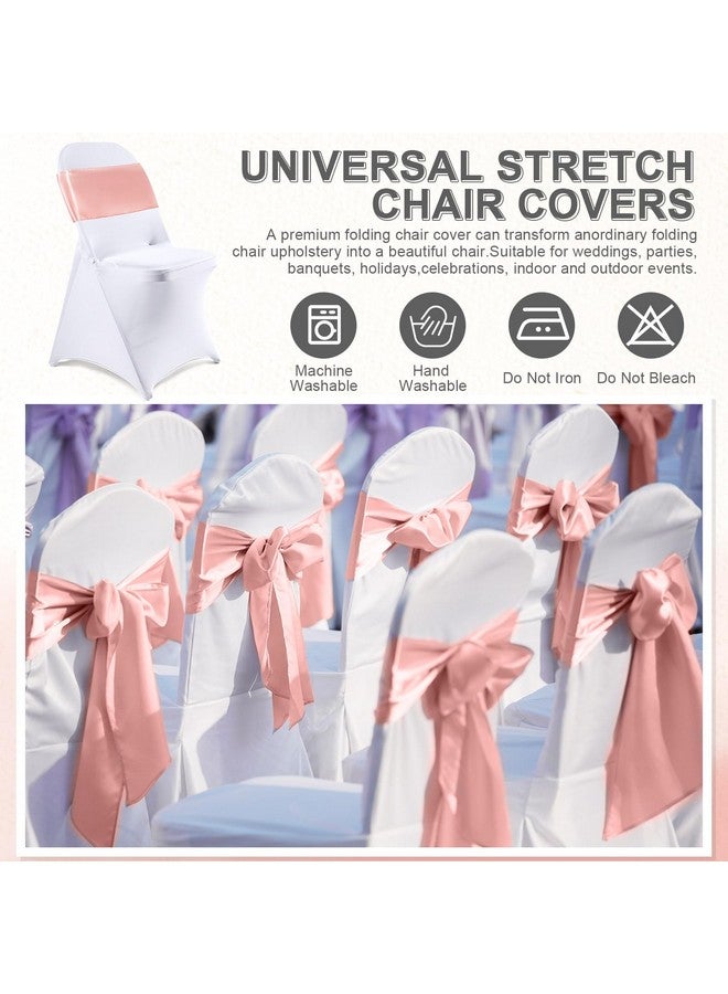 Lounsweer Lounsweer 50 Pcs Folding Chair Cover Set with 25 Stretch Spandex Slipcovers 25 Satin Chair Sashes Bows Ribbon Washable Banquet Protector for Wedding Event Party(White, Rose Gold)  - Image 5