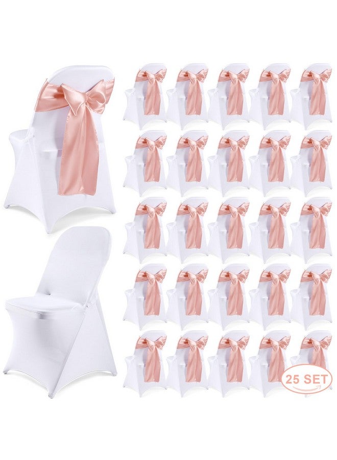 Lounsweer Lounsweer 50 Pcs Folding Chair Cover Set with 25 Stretch Spandex Slipcovers 25 Satin Chair Sashes Bows Ribbon Washable Banquet Protector for Wedding Event Party(White, Rose Gold)  - Image 1