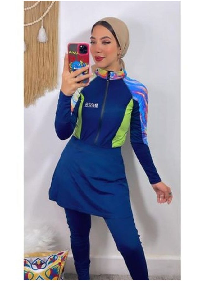 Set Of 3 Solid & Floral Burkini - Multicolor