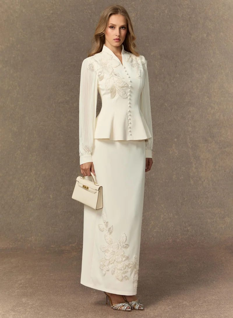 Sunfere Dressed To Dazzle White Floral Embroidery Pleated Sleeve Skirt Set