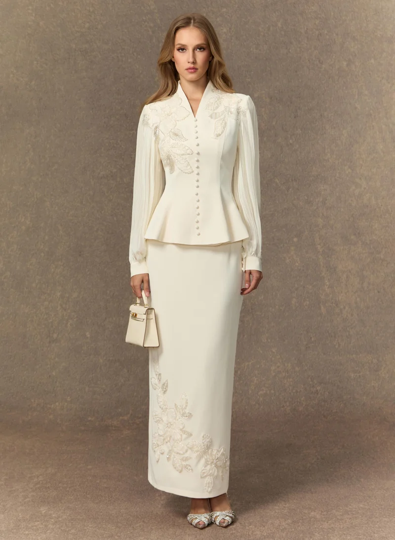 Sunfere Dressed To Dazzle White Floral Embroidery Pleated Sleeve Skirt Set