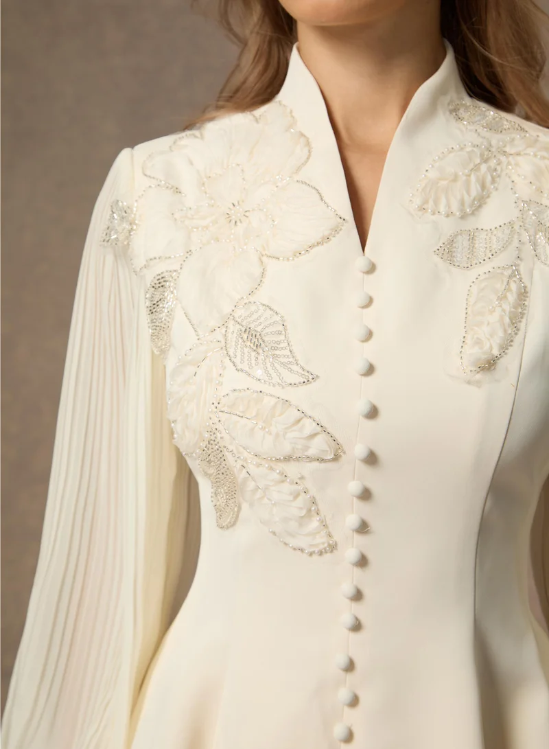 Sunfere White Dressed To Dazzle White Floral Embroidery Pleated Sleeve Skirt Set for Women | Best Price UAE