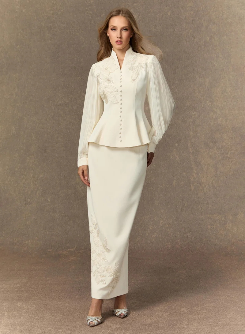 Sunfere White Dressed To Dazzle White Floral Embroidery Pleated Sleeve Skirt Set for Women | Best Price UAE