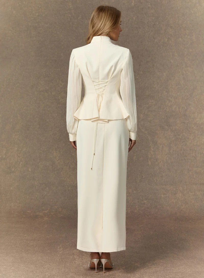 Sunfere White Dressed To Dazzle White Floral Embroidery Pleated Sleeve Skirt Set for Women | Best Price UAE