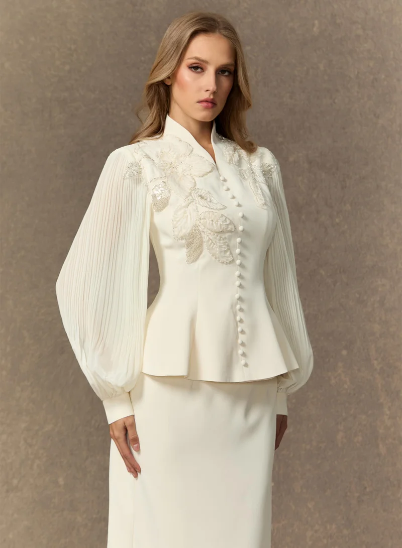 Sunfere White Dressed To Dazzle White Floral Embroidery Pleated Sleeve Skirt Set for Women | Best Price UAE