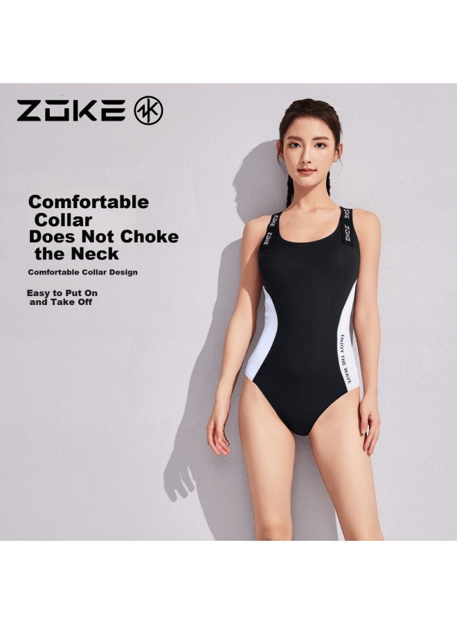Zoke Women's One-piece Triangle Swimsuit Slimming Tummy Control Swimwear Training Water Play Simple Swimsuit 126301107 Black/white L