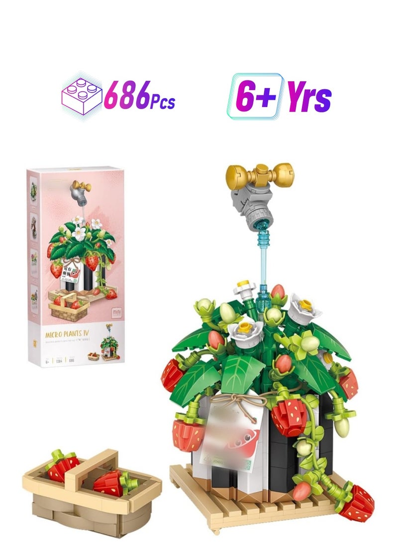 general Mini Brick Strawberry Bouquet Potted Building Kit, Building Building Blocks Artificial Strawberry Office Desktop Home Decor 686 Pieces Creative Plant Collection Gifts - Image 1
