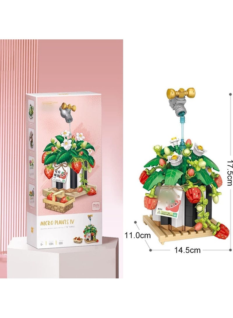 general Mini Brick Strawberry Bouquet Potted Building Kit, Building Building Blocks Artificial Strawberry Office Desktop Home Decor 686 Pieces Creative Plant Collection Gifts - Image 2