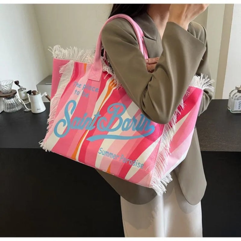 Letter tassel large-capacity canvas single-shoulder hand-held tote bag - Image 3