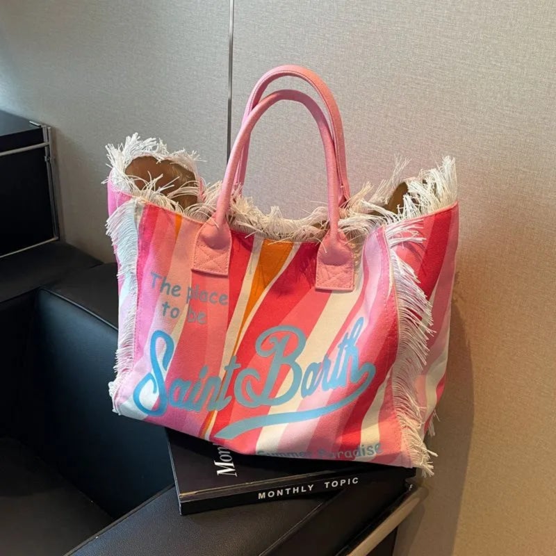 Letter tassel large-capacity canvas single-shoulder hand-held tote bag - Image 4