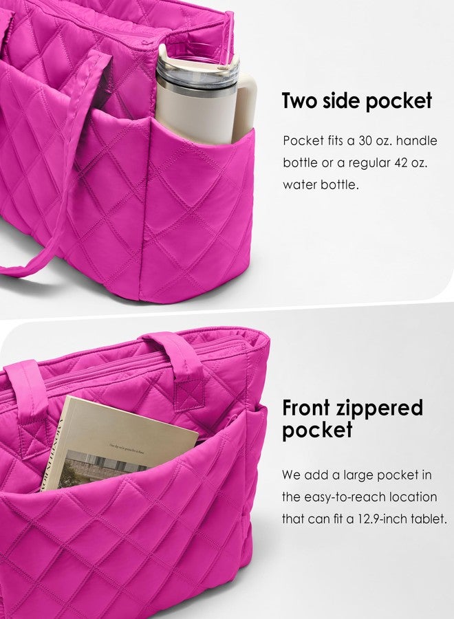 Uselike Tote Bag for Women, Lightweight Puffer Tote Work Bags with Compartments for Travel, Quilted Shoulder Bag with Zipper (Raspberry Pink) - Image 3