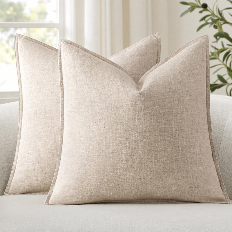 ANRODUO Pack of 2 Decorative Linen Pillow Covers Euro Sham Natural Beige Neutral Farmhouse Boho Soild Cushion Case Soft Accent Pillowcase for Couch Sofa Bedroom Living Room Home Decor 26 x 26 Inch - Image 1