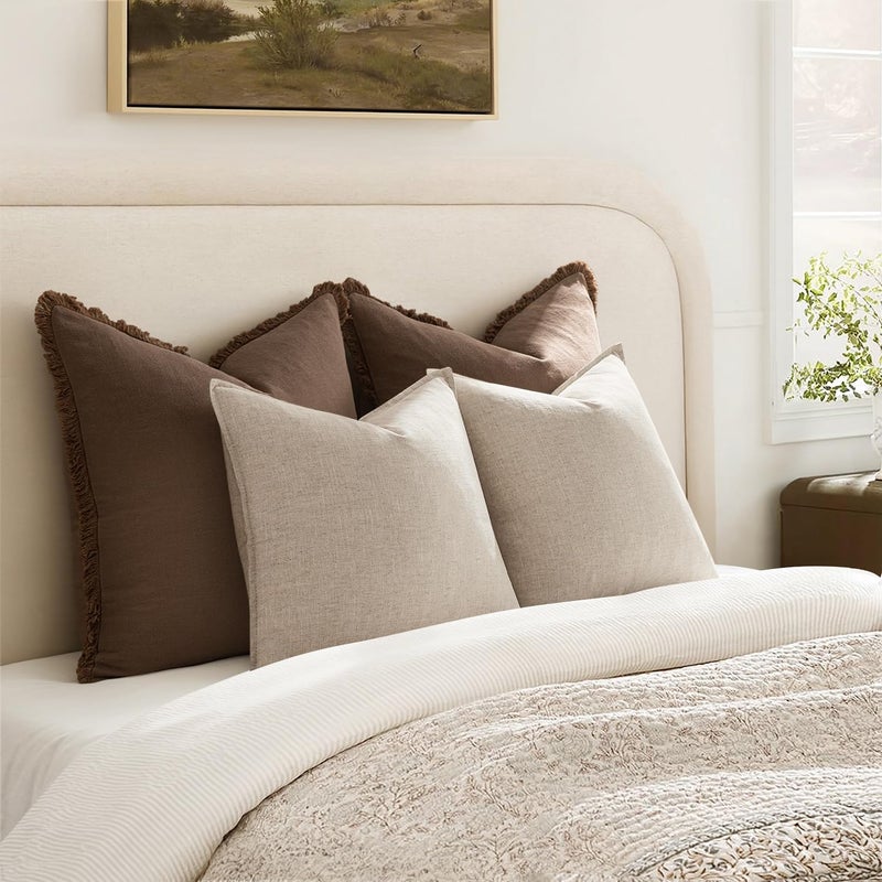 ANRODUO Pack of 2 Decorative Linen Pillow Covers Euro Sham Natural Beige Neutral Farmhouse Boho Soild Cushion Case Soft Accent Pillowcase for Couch Sofa Bedroom Living Room Home Decor 26 x 26 Inch - Image 5
