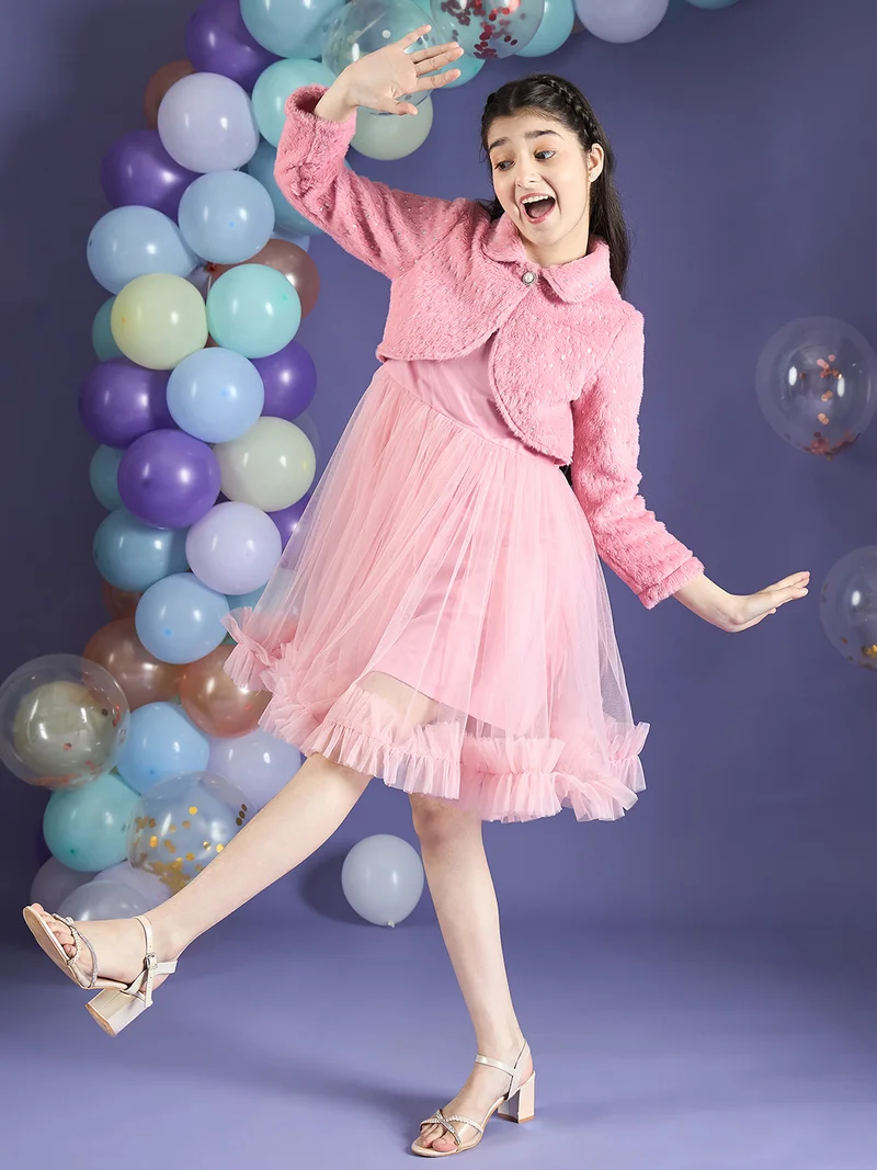 Cherry & Jerry Girl Fit and Flare Pink Glitter Faux Fur & Mesh Knee Length Dress