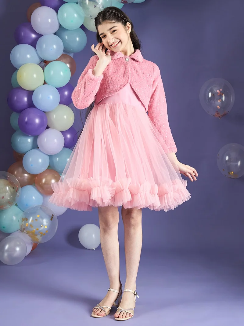 Cherry & Jerry Girl Fit and Flare Pink Glitter Faux Fur & Mesh Knee Length Dress