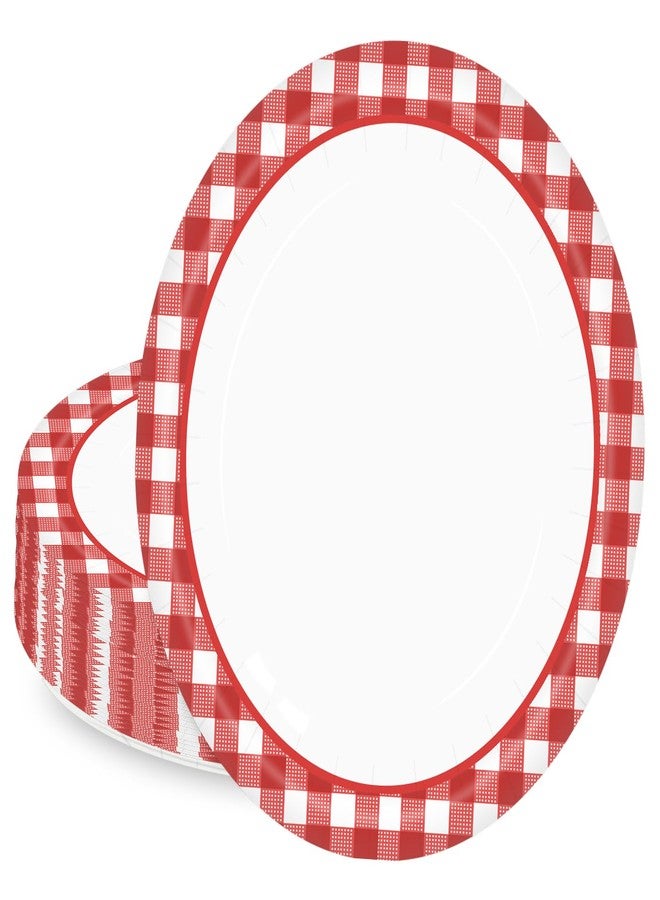 HEIPINIUYE 50 Pieces Red Gingham Oval Paper Plates 10 X 12 Inch Red and White Plates Disposable Dinner Plates for Picnic Wedding Baby Shower Birthday Party Dessert Plates - Image 1