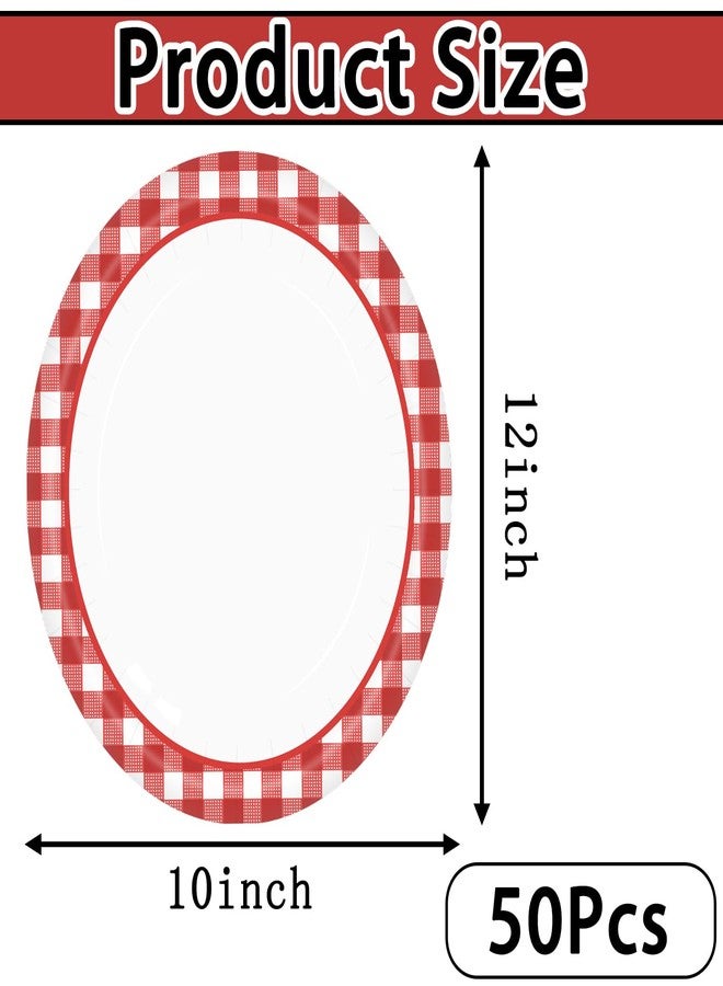 HEIPINIUYE 50 Pieces Red Gingham Oval Paper Plates 10 X 12 Inch Red and White Plates Disposable Dinner Plates for Picnic Wedding Baby Shower Birthday Party Dessert Plates - Image 2