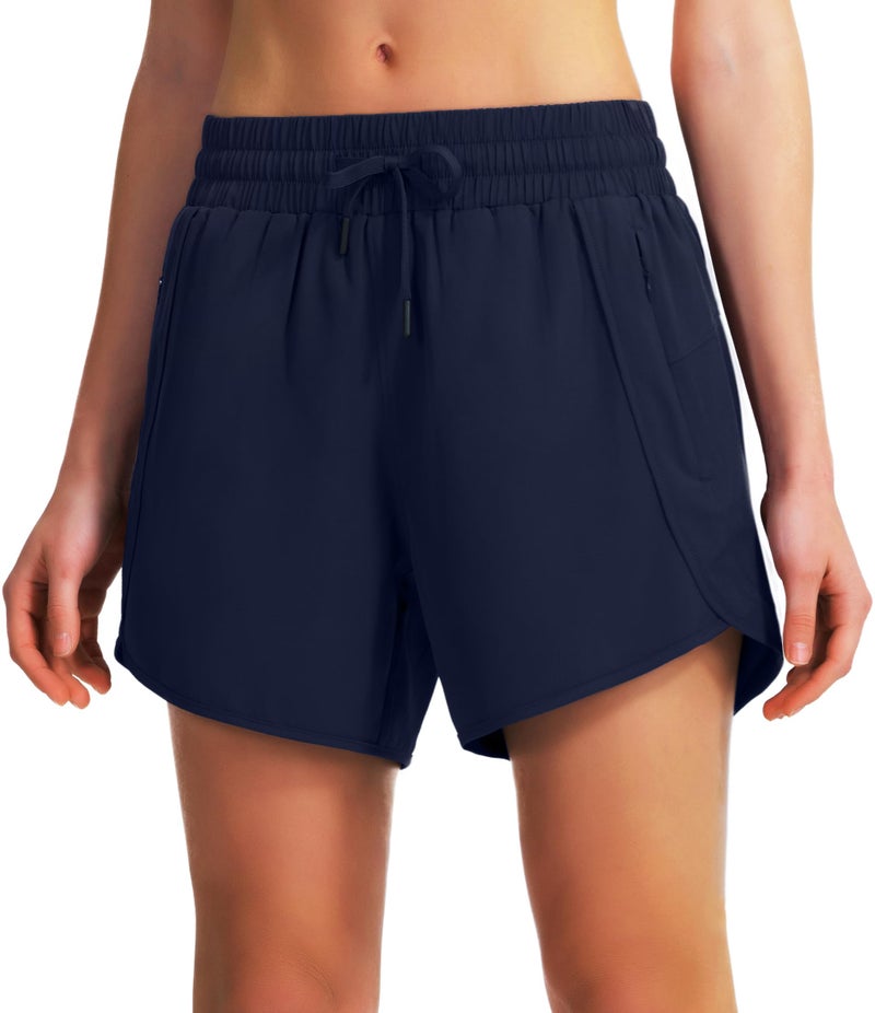 Ksmien Women's 5"/ 7" Athletic Running Shorts Quick Dry Lightweight Workout Gym Shorts with Zipper Pockets UPF 50+ Navy Blue - Image 4