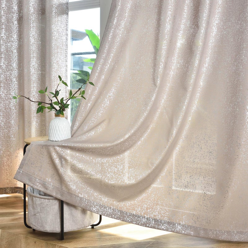 TERLYTEX Silver Taupe Curtains 84 Inches Long for Living Room, Metallic Silver Foil Spray Spots Light Filtering Window Curtain Panels, Grommet Privacy Semi-Sheer Curtains, 52 x 84 Inch, 2 Panels - Image 1