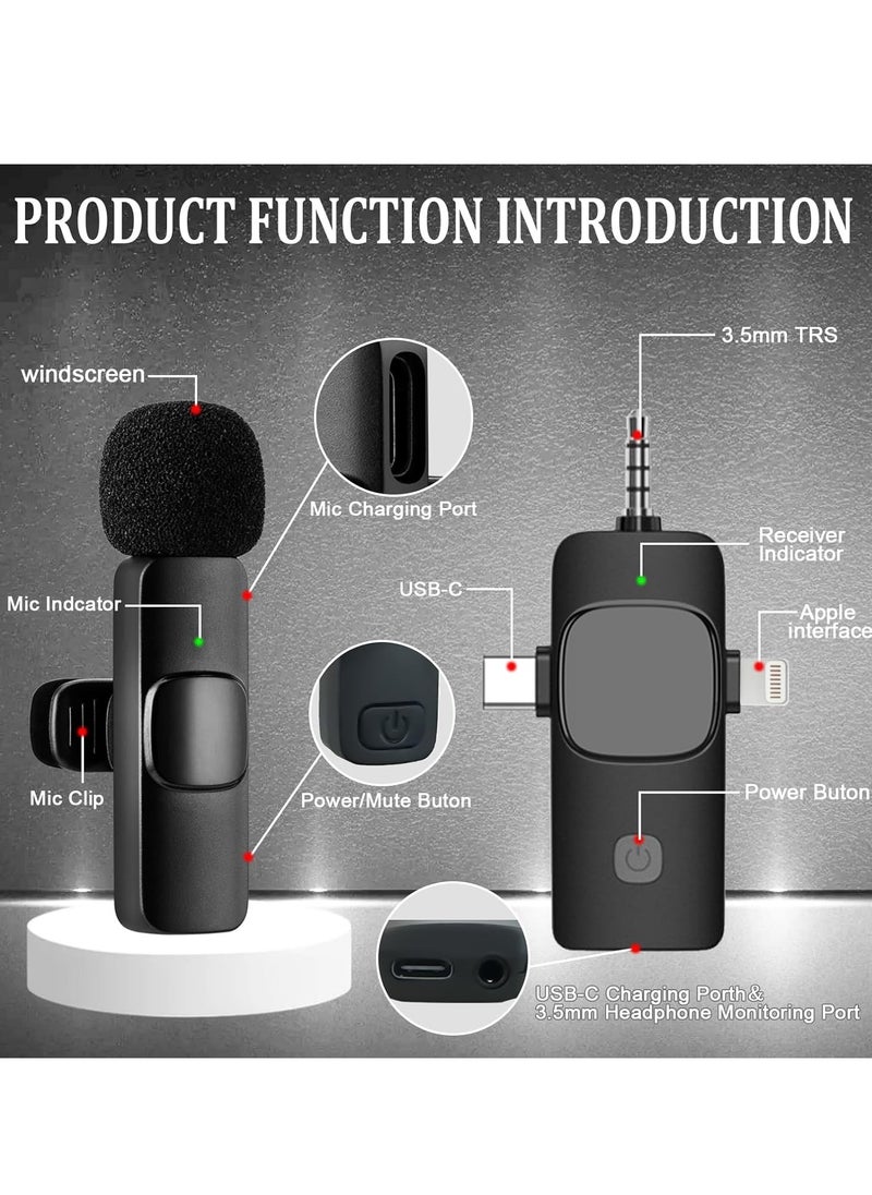 3 in 1 Wireless Lavalier Microphone for iPhone iPad Android,Cordless 8 Hours Lightweight Noise Reduction Crystal Clear Sound for Recording, Live Streaming, Interview, Vlog
