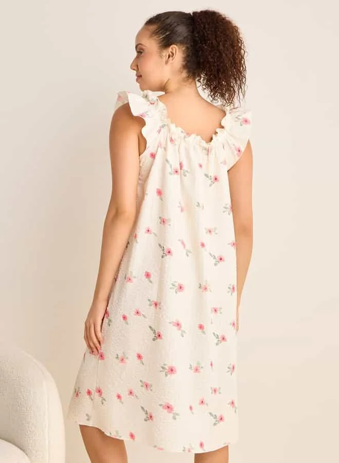 Splash FAV Floral Print Sleeveless Night Dress with Ruffle Detail