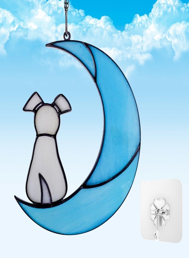 Abnaok Stained Glass Dog Memorial Gifts for Dog Lovers, A Light Yellow Dog Decor on Blue Moon Window Hanging Suncatcher, Loss of Dog Sympathy Gift, Pet Sympathy Gifts for Dogs, Pet Memorial Gifts - Image 1