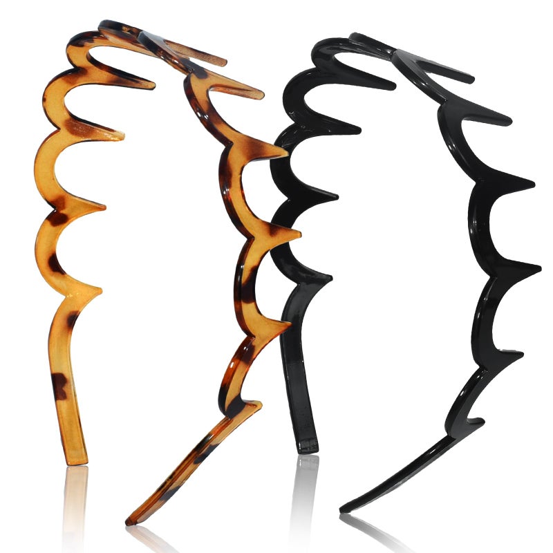 TOSEFES 2025 Zigzag Headbands for Women, 2-Pack U-Shaped Hair Comb Headbands, Non-Slip Slick-Back Hair Accessories, Black & Tortoise Recycled Plastic, Teeth Hairband for Everyday Styling & Workout - Image 1