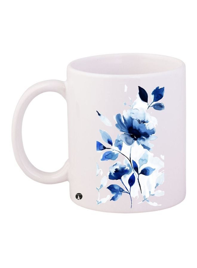 RYN Floral Printed Ceramic Coffee Mug White/Blue 11ounce