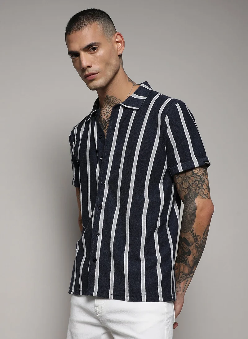Men's Prussian Blue Contrast Halo Striped Shirt For Casual Wear | Spread Collar | Short Sleeve | Button Closure | Cotton Shirt Crafted With Comfort Fit For Everyday Wear