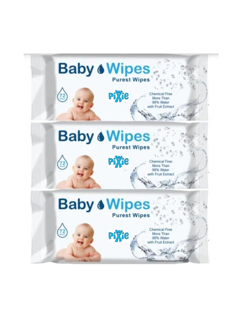 Pixie مناديل مبللة للأطفال، أنقى مناديل مبللة، 72 قطعة، عبوة من 3 قطع - Image 1