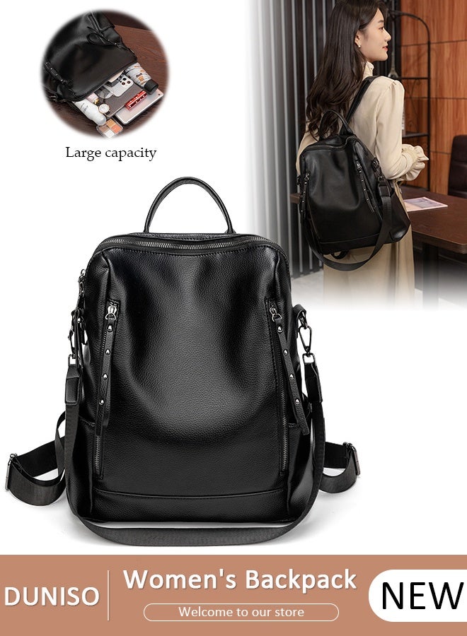 DUNISO Large Capacity Travel Backpack For Women Faux Leather School Backpack Anti Theft Double Shoulder Backpack For College Girls Students Black - Image 1