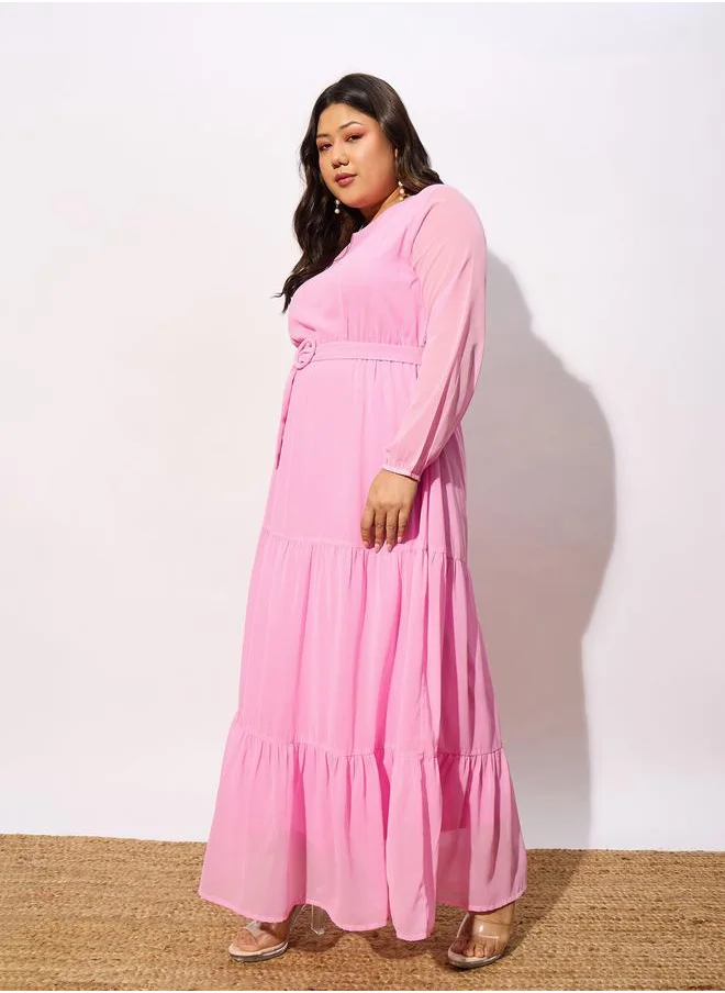 SASSAFRAS Plus Belted Tiered Maxi Dress with Sheer Sleeve by Styli