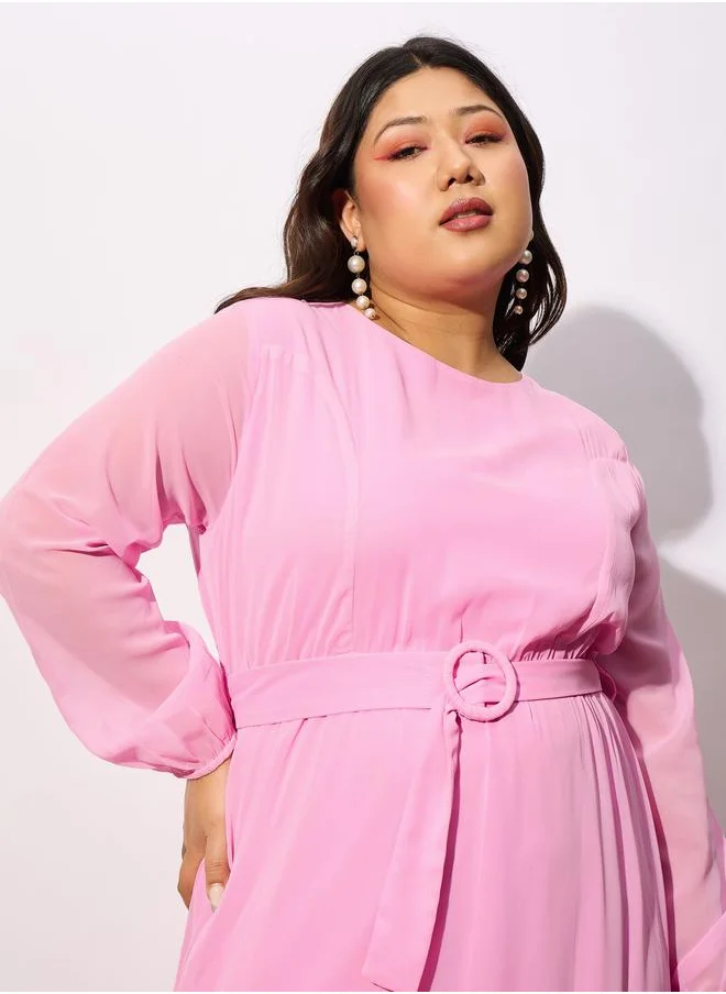 SASSAFRAS Plus Belted Tiered Maxi Dress with Sheer Sleeve by Styli
