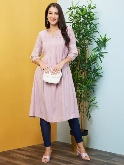globus Women Lavender Ethnic Motifs Woven Design Thread Work Pleated Dobby Kurta