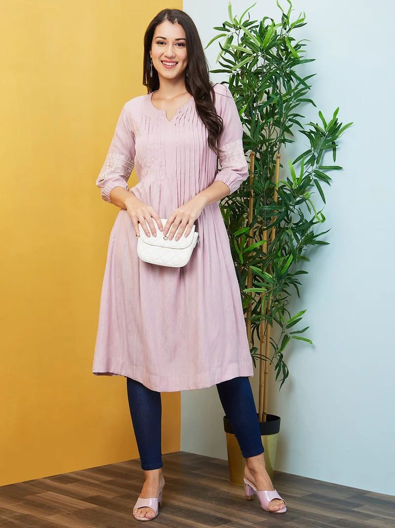 globus Women Lavender Ethnic Motifs Woven Design Thread Work Pleated Dobby Kurta