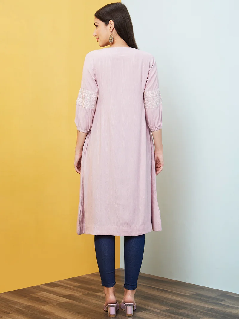 globus Women Lavender Ethnic Motifs Woven Design Thread Work Pleated Dobby Kurta