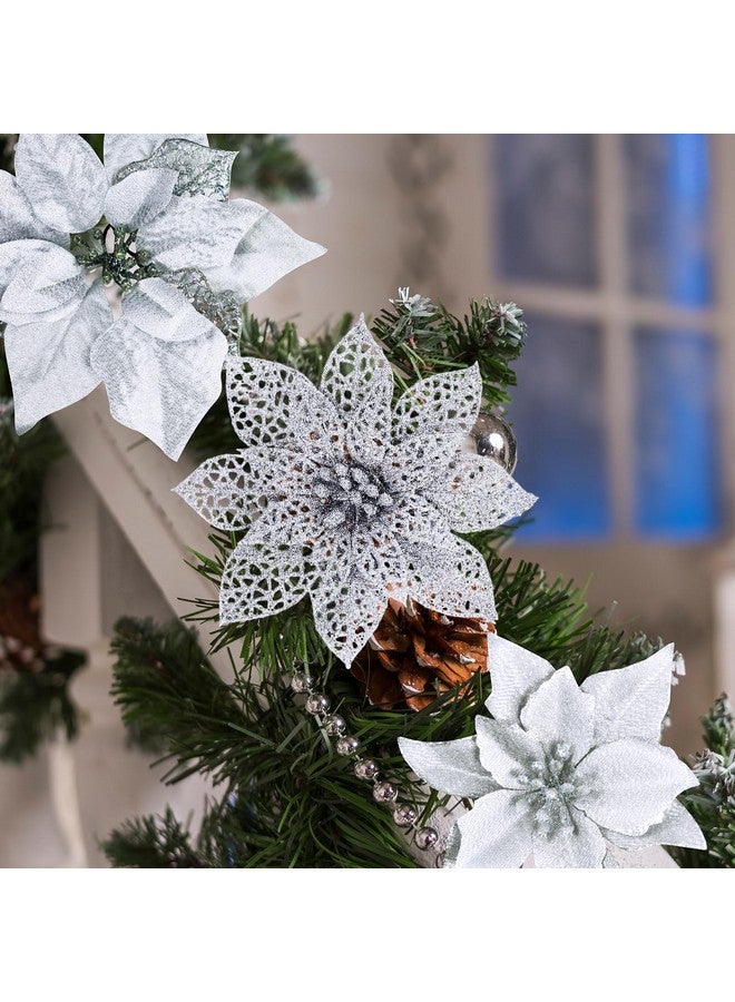 Winlyn Winlyn 26 Set 3 Style Christmas Silver Glitter Poinsettia Flowers Picks Xmas Tree Ornaments and 12 Yards Decorative Silver Glittered Wired Ribbon for Silver Christmas Tree Wreath Garland Holiday Décor  - Image 2