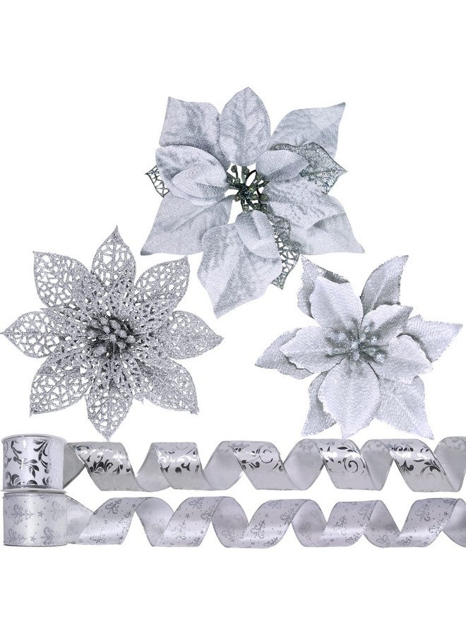 Winlyn Winlyn 26 Set 3 Style Christmas Silver Glitter Poinsettia Flowers Picks Xmas Tree Ornaments and 12 Yards Decorative Silver Glittered Wired Ribbon for Silver Christmas Tree Wreath Garland Holiday Décor  - Image 1