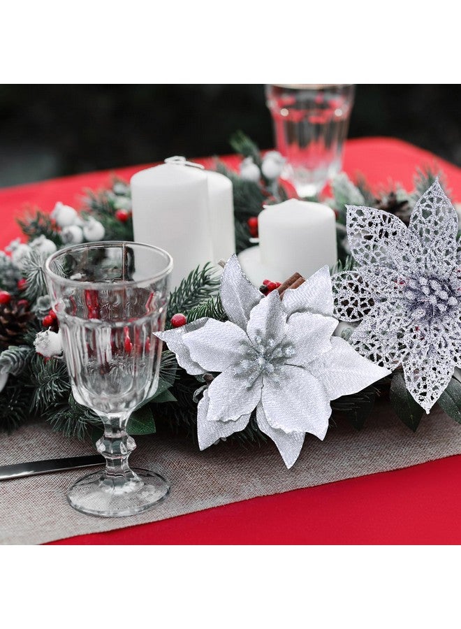 Winlyn Winlyn 26 Set 3 Style Christmas Silver Glitter Poinsettia Flowers Picks Xmas Tree Ornaments and 12 Yards Decorative Silver Glittered Wired Ribbon for Silver Christmas Tree Wreath Garland Holiday Décor  - Image 4