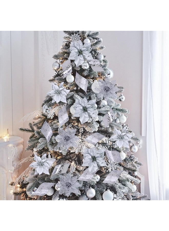 Winlyn Winlyn 26 Set 3 Style Christmas Silver Glitter Poinsettia Flowers Picks Xmas Tree Ornaments and 12 Yards Decorative Silver Glittered Wired Ribbon for Silver Christmas Tree Wreath Garland Holiday Décor  - Image 5