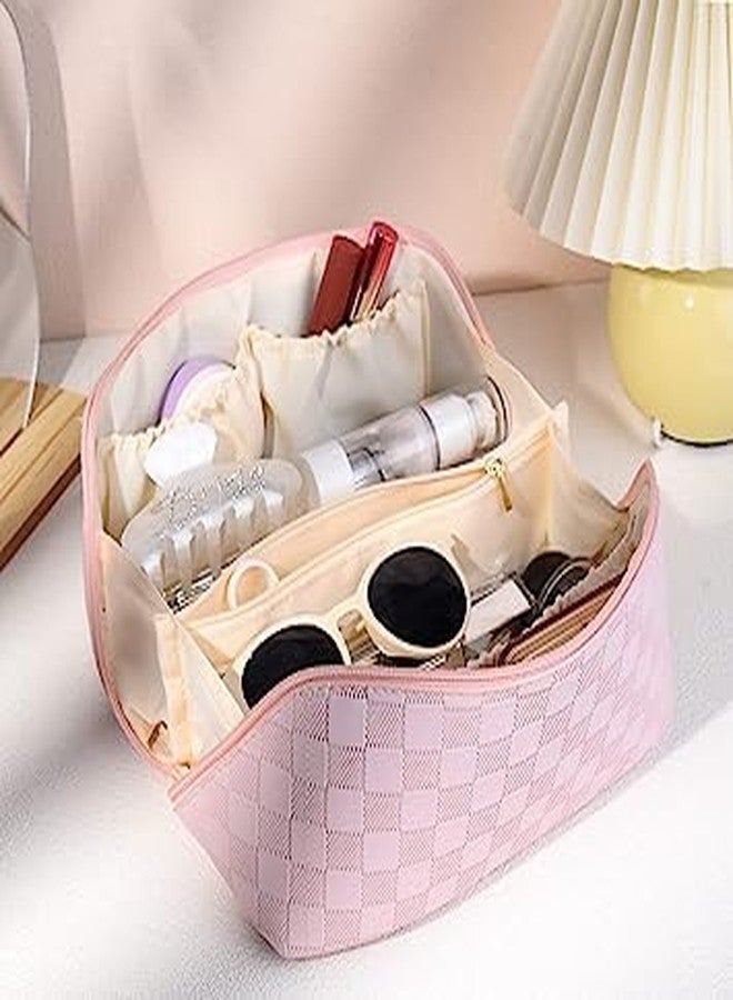 Flywind Large Capacity Travel Cosmetic Bag Makeup Bag Checkered Leather Makeup Bag Organizer Women Portable Toiletry Bag Flat Lay Everything Cosmetic Bag (Checkered Pink) - Image 3