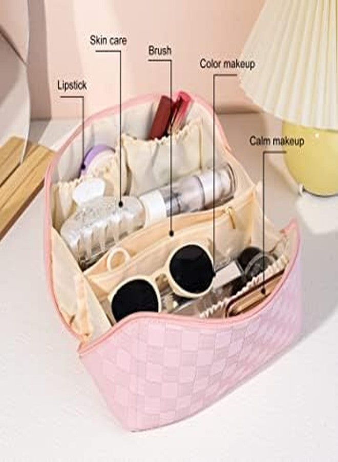 Flywind Large Capacity Travel Cosmetic Bag Makeup Bag Checkered Leather Makeup Bag Organizer Women Portable Toiletry Bag Flat Lay Everything Cosmetic Bag (Checkered Pink) - Image 2