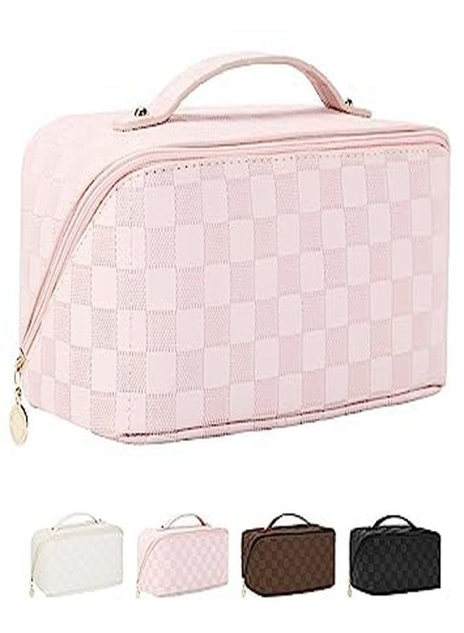 Flywind Large Capacity Travel Cosmetic Bag Makeup Bag Checkered Leather Makeup Bag Organizer Women Portable Toiletry Bag Flat Lay Everything Cosmetic Bag (Checkered Pink) - Image 1