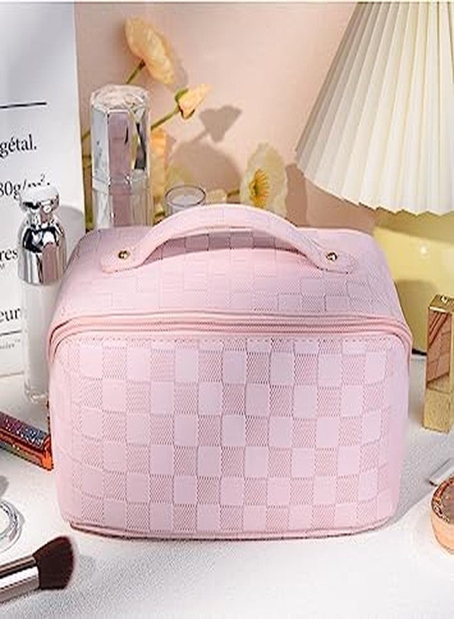 Flywind Large Capacity Travel Cosmetic Bag Makeup Bag Checkered Leather Makeup Bag Organizer Women Portable Toiletry Bag Flat Lay Everything Cosmetic Bag (Checkered Pink) - Image 5